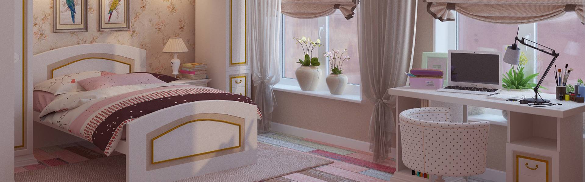 Дизайн спальни для девушки-подростка - мебель, обои в современном стиле