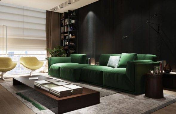 Оформление дизайна гостиной комнаты с зеленым диваном в интерьере