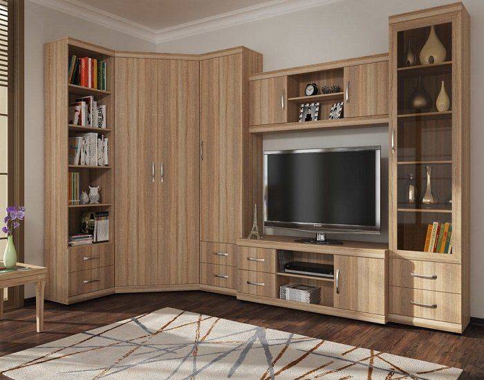 Выбор вида и дизайна углового шкафа-купе для гостиной комнаты