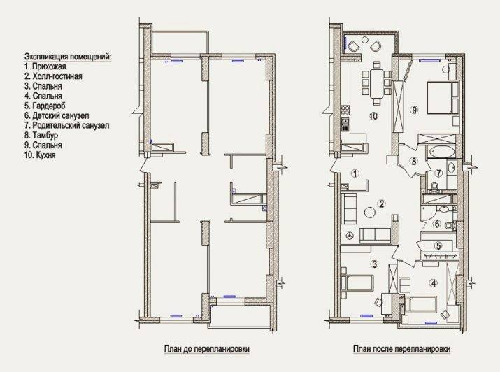 Варианты перепланировки 3-х комнатной квартиры серии п-3, п-44. передел трехкомнатной в 2х- и четырехкомнатную. примеры проектов  хрущевки в кирпичном и панельном домах