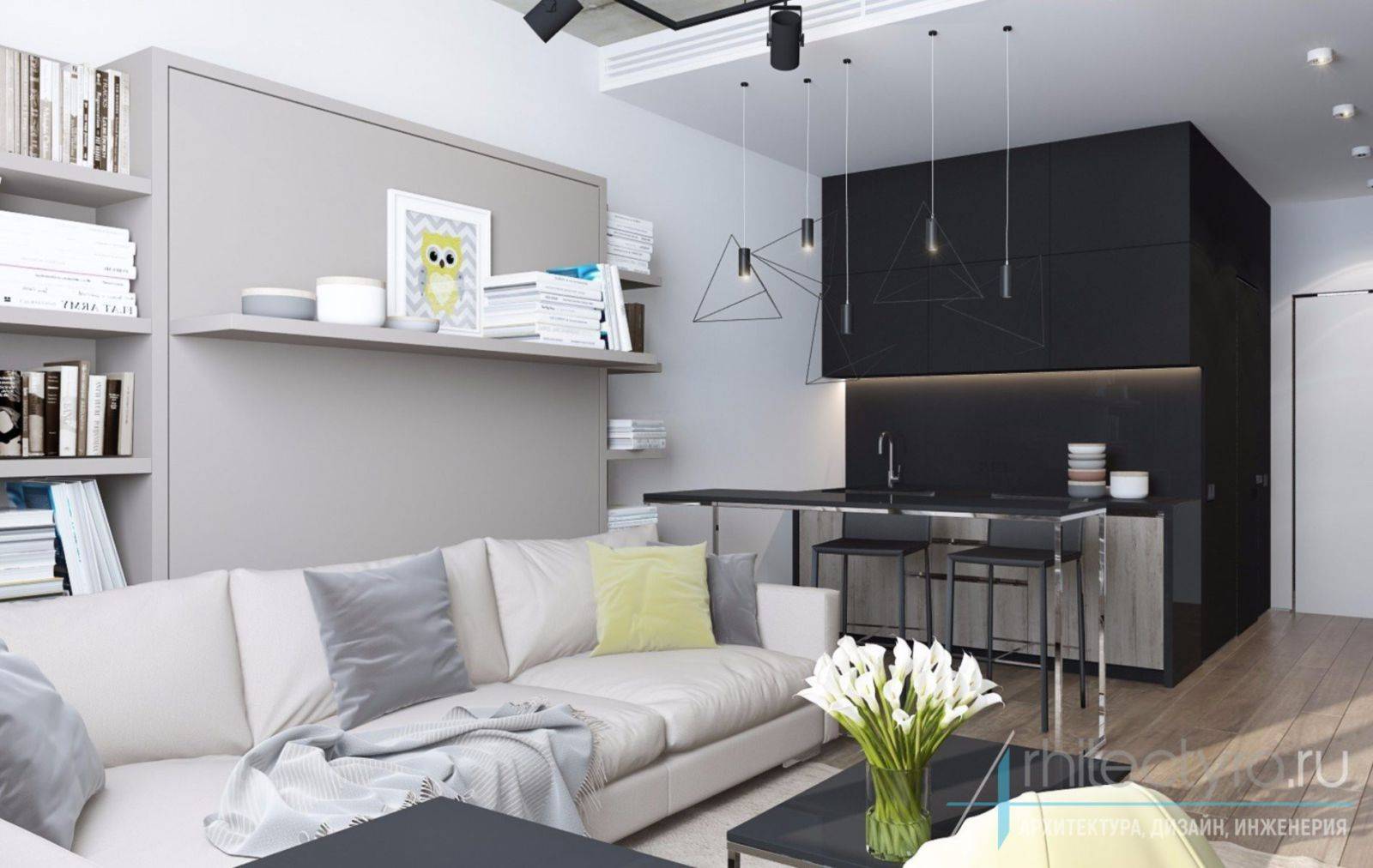 Дизайн квартиры-студии - современные идеи 2021 (50 фото): кухня-студия площадью 28 кв. м.