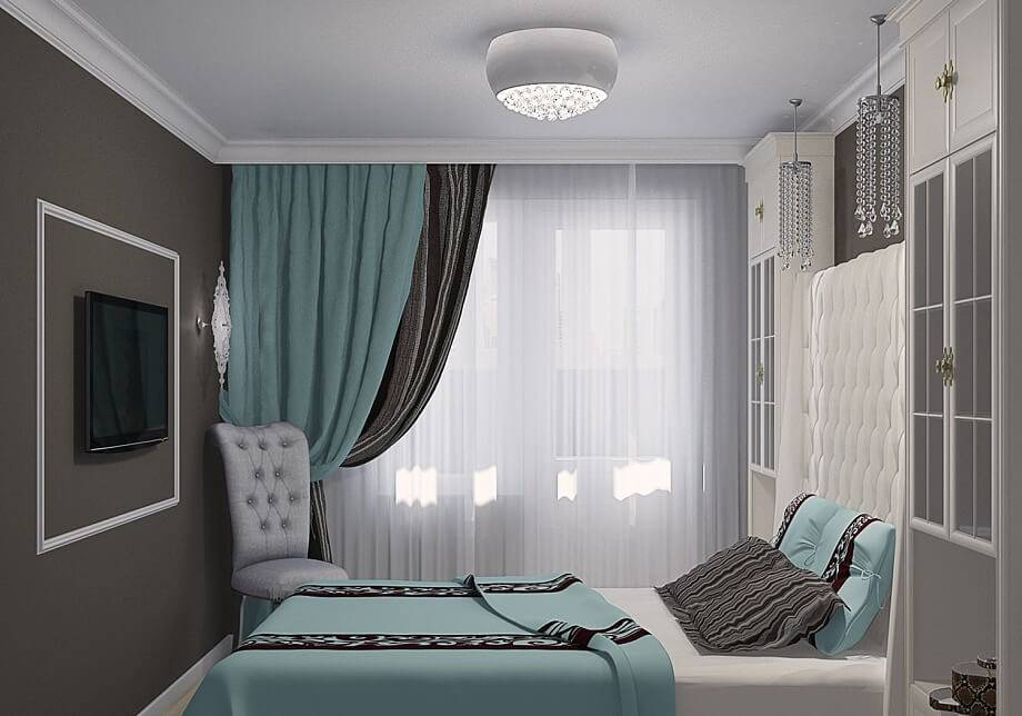 Короткие шторы в спальню до подоконника в современном стиле