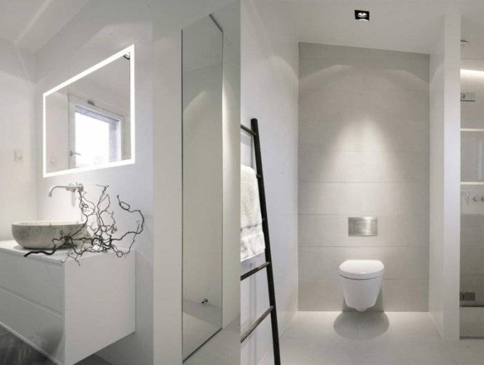 Дизайн ванной комнаты в белом цвете с яркими акцентами