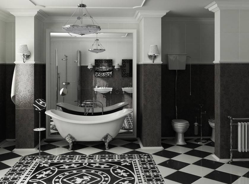 Черно-белая ванная комната (35 фото): маленькие помещения с мозаикой в красно-черных тонах, стены и пол душевой с белым цветом в квартирах