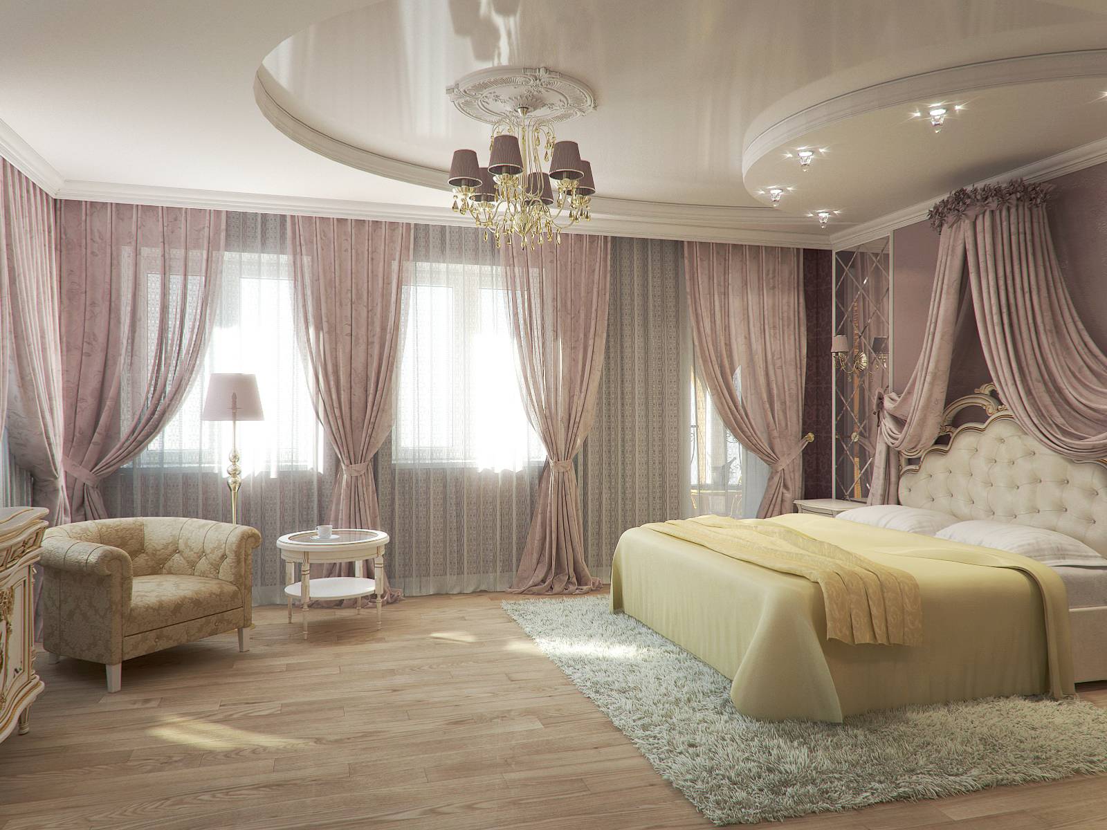 Фото дизайна спальной комнаты с натяжными потолками и светильниками