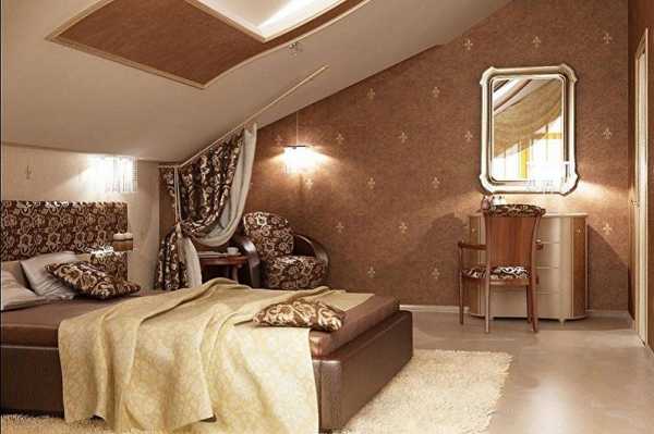 Спальня на мансарде (95 фото): дизайн интерьера комнаты на чердаке в доме со стойками, на мансардном этаже с комбинированной отделкой