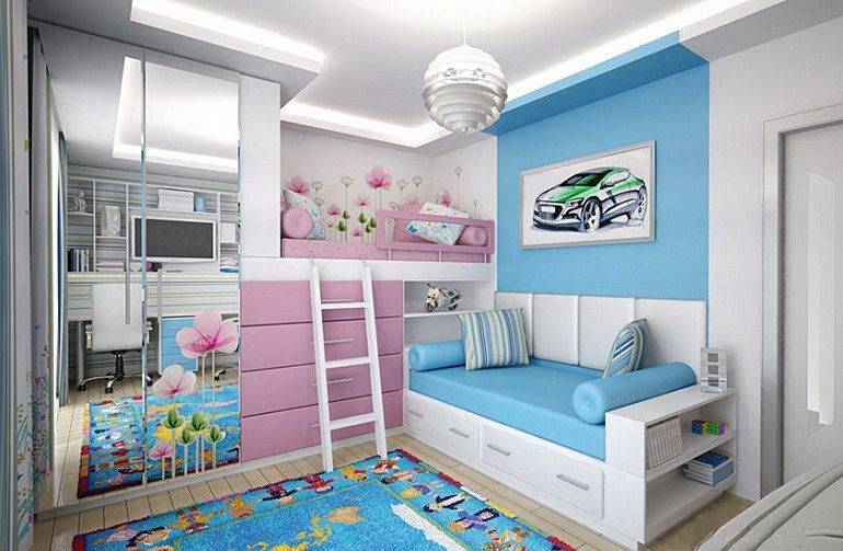 Дизайн детской комнаты для двоих: как правильно оформить интерьер, для мальчиков, девочек или разнополых детей с примерами на фото, плюсы двухъярусной кровати